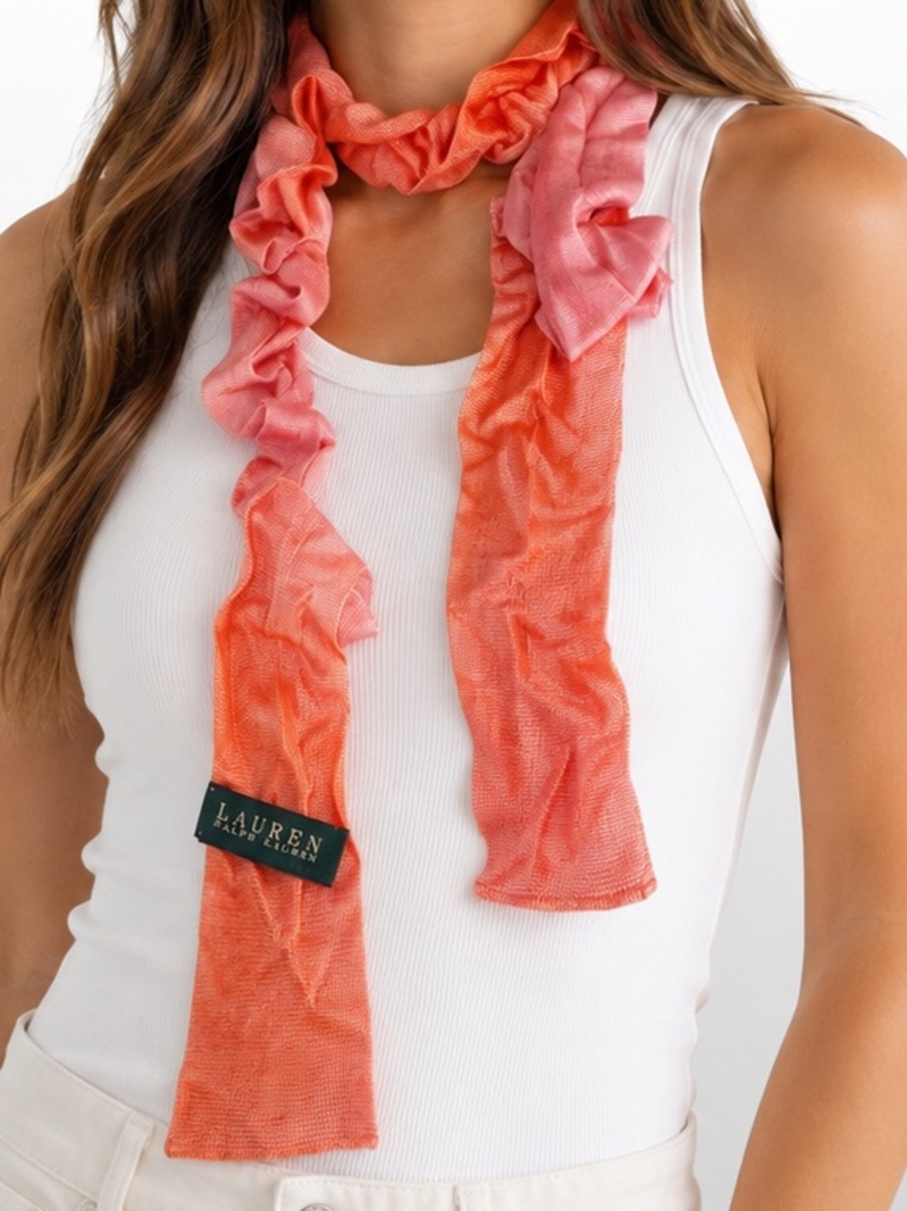 Lauren Ralph Lauren Pink Orange Ombre Rayon Ruffle Skinny Scarf - Picture 3 of 9
